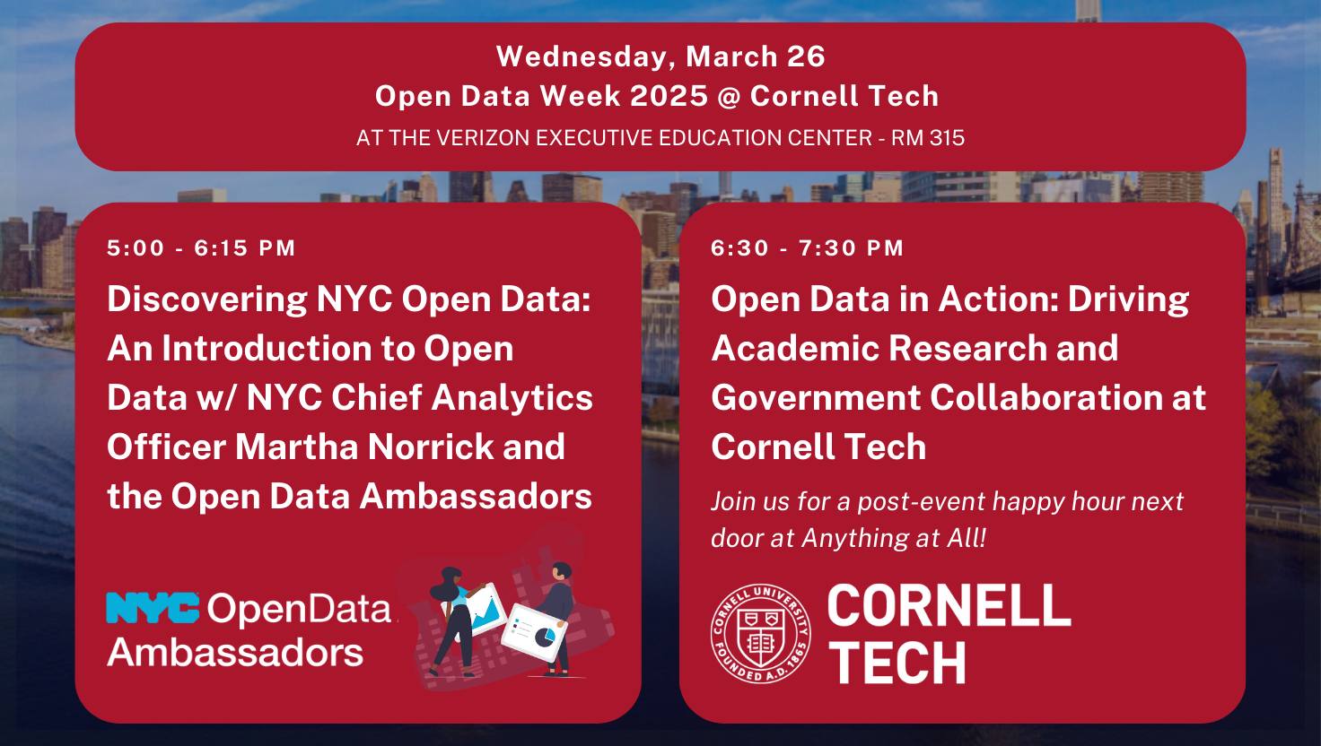 Open Data Week 2025 at Cornell Tech, featuring sessions on NYC Open Data and academic research from 5:00-7:30 PM on Wednesday, March 26